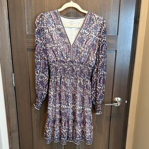 Max Studio Purple Floral Smocked-Waist Long Sleeve Dress with White Accents